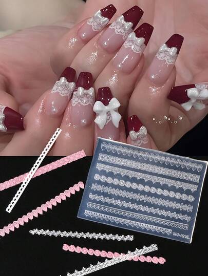 1个蕾丝美甲模具，3D美甲弧形模具，DIY硅胶美甲模具，蕾丝压纹设计，适用于巴洛克/Y2K风格美甲用品，DIY婚礼美甲装饰美甲印花工具