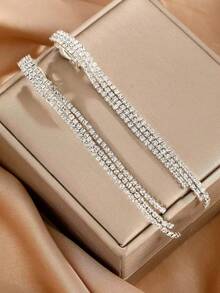 2pcs New Silver Tone Exaggerated Fashion Tassel Clip-On Earrings Adorned With Rhinestones For Women, Suitable For Weddings - Silver - View 7