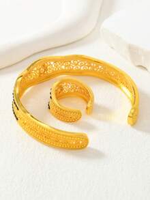 2pcs Middle Eastern Ramadan Copper Gold/Silver Filigree Hollow Bangle & Ring Jewelry Set, Best Gift For Family And Friends - Silver - View 3