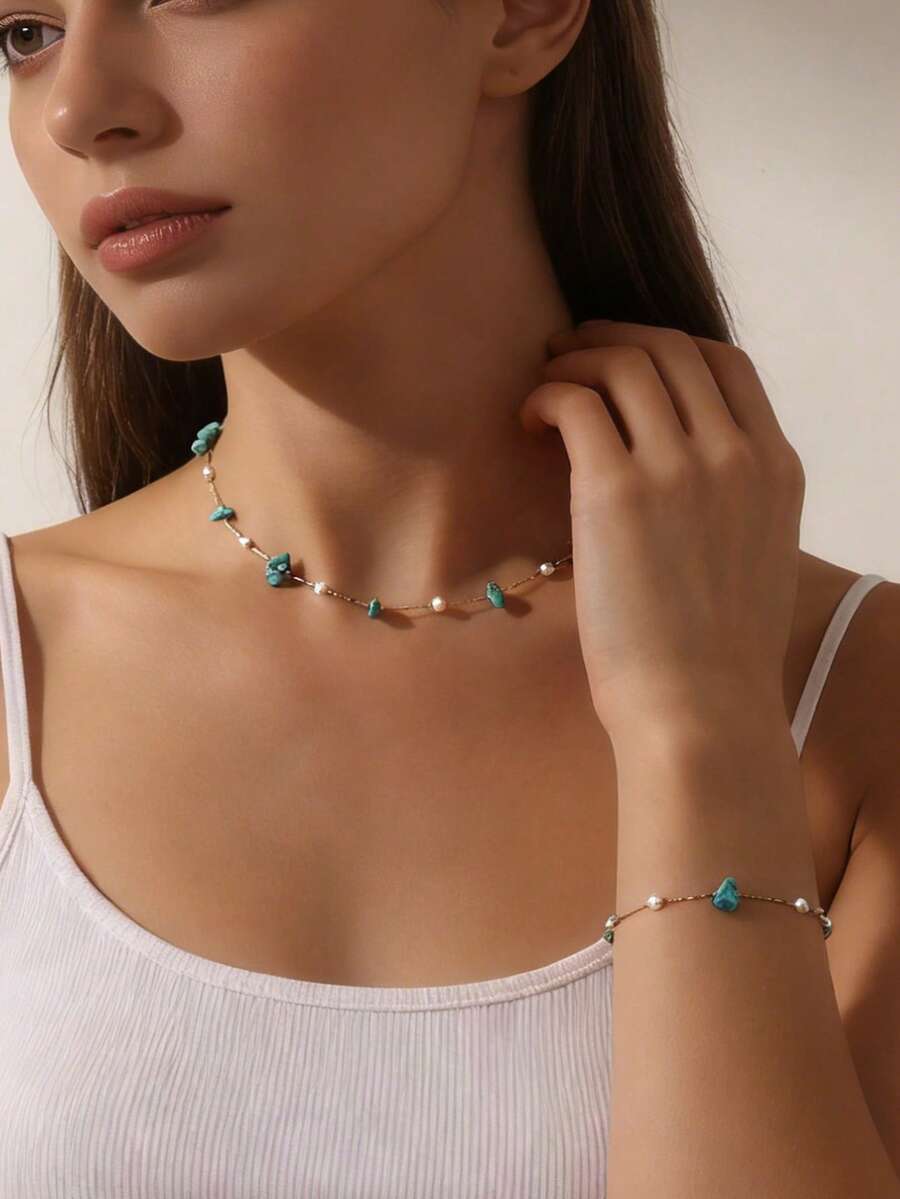 1条项链 + 1条手工宝石珍珠串珠手链首饰套装 - 藍松石+珍珠 - 查看 1