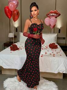 Women's Red Heart Print Spaghetti Strap Maxi Dress - Valentine's Day Edition, Fitted Mermaid Hem, Spring/Summer - Black - View 8