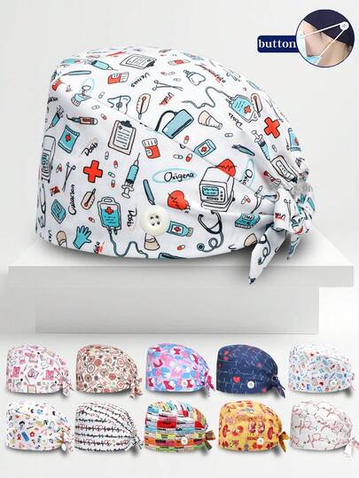 1pc Elastic Work Cap With Cartoon Print & Long Hair Ponytail Design, Unisex, All Season