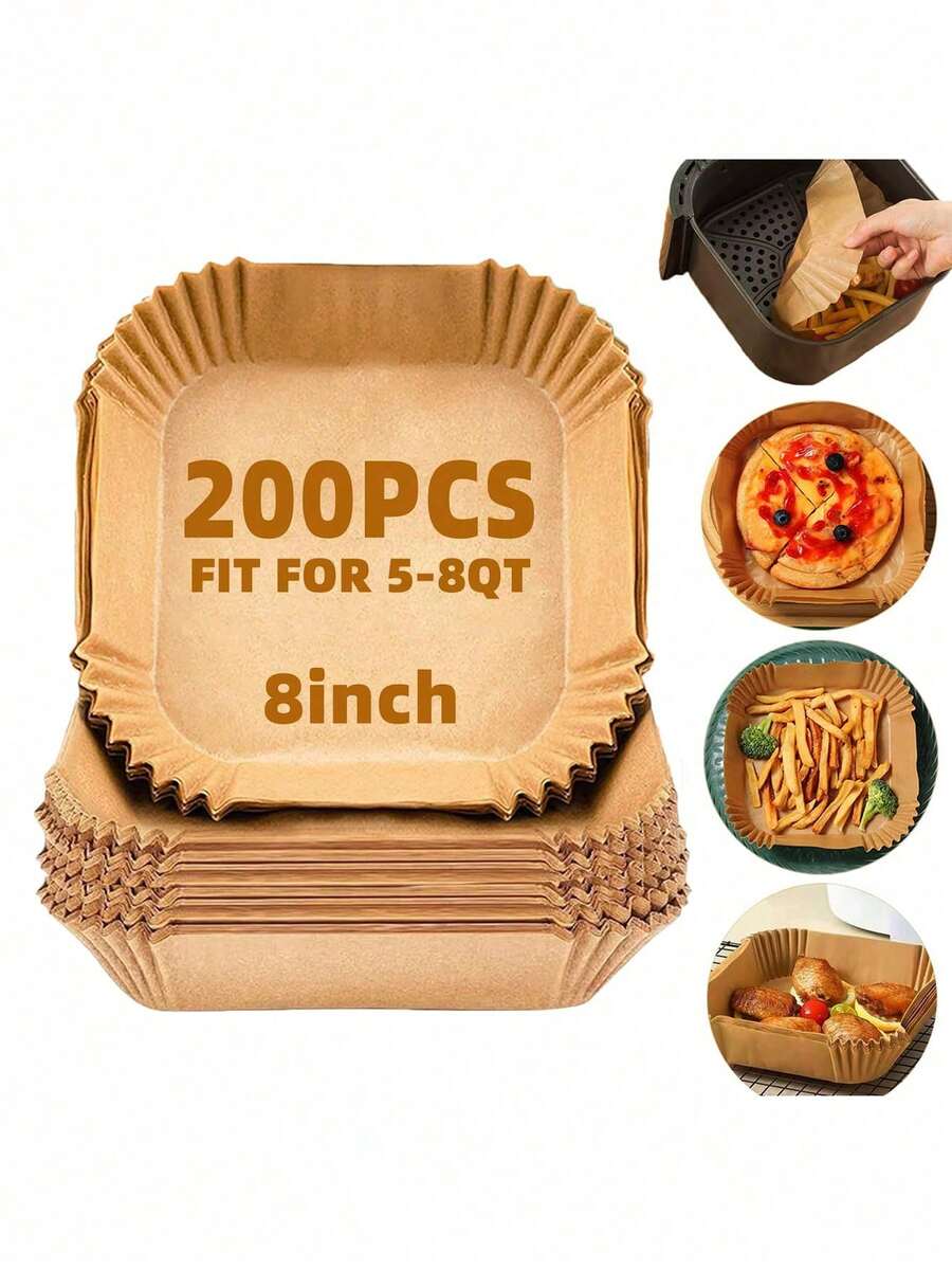 100 piezas/50 piezas/25 piezas/10 piezas Tapetes de papel encerado desechables antiadherentes e impermeables de 8 pulgadas cuadradas para la cesta de la freidora de aire, sartén y accesorios, mejor regalo para volver a la escuela, Halloween, Navidad