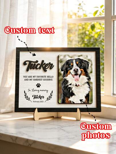 Personalized Pet Memorial Photo Frame With Wooden Stand - Elegant 10.4*8 Inch (26.4*20.3 Cm) Frame, Customizable With Pet Photo, Name (E.G. Tucker, Bailey), Heartfelt Memorial Text, And Date. Available In 4 Frame Colors And 6 Memorial Phrases. A Thoughtful Memorial Gift For Grieving Pet Owners, Families, And Animal Lovers. Suitable For Memorial Days, Anniversaries, Holidays. Can Be Placed In Living Room, Study, Bedroom Or Pet Memorial Corner.