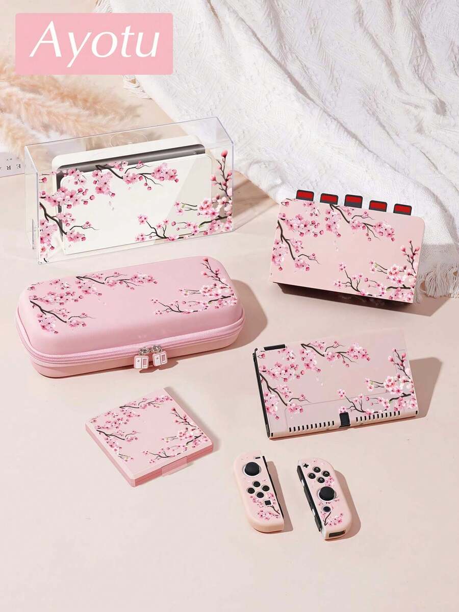 Ayotu Sakura Tree Pattern Game Console Shell And Accessories Compatible With Switch/Switch OLED/Switch Lite, Including Protective Case, Storage Bag, Dock Shell, Console Dust Cover, Game Card Case, Controller Grip, Etc. Suitable For Christmas, Spring Romance, Valentine's Day, Back To School And Other Occasions As Gifts