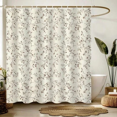 棕色花卉图案浴帘，叶子和花朵设计，乡村风格浴室装饰，浴室装饰及配件，房间装饰，适用于家庭、酒店、度假村，可作礼品，采用涤纶面料制成