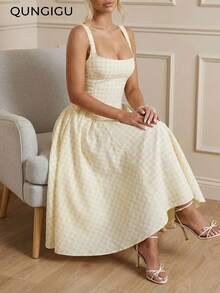 QUNGIGU 女士格子下摆中长连衣裙，蕾丝后背腰带方领无袖A字复古格子野餐夏季度假连衣裙 - 淡黃色 - 查看 3