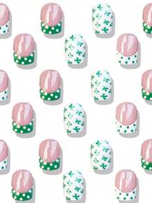 24pcs Square Press On Fake Nails Green And White Short Nail Creative Green Four-Leaf Clove And Polka Dot Fake Nails St. Patrick's Day Nails Nail Supplies - Multicolor - View 2