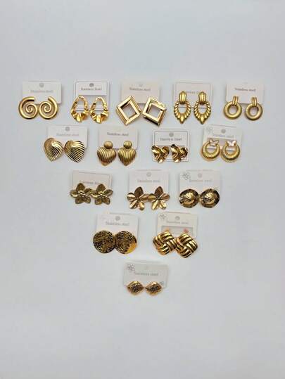 [ 14 Styles ] European And American Retro Gold Earring Set With High-End Stainless Steel Earrings (Random Styles, 1 Pair, 3 Teams, 5 Pairs, 7 Pairs)