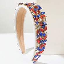 Independence Day Headband For Women, Vintage Velvet Thickened Sponge High Crown Top With Red, White, And Blue Rhinestones Hair Accessory - 平版白色 - 查看 11