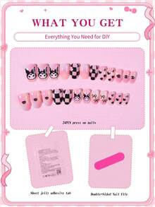 SANRIO 24片装短款椭圆形可爱3D库洛米美甲，蝴蝶结和爱心珍珠设计，完美贴合亚克力假指甲套装，包含1支果冻胶和1个指甲锉，库洛米美甲适合女性女孩日常派对、聚会等场合，重新发现美甲的精致优雅。 - 彩色 - 查看 6