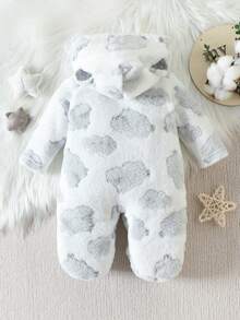 1pc Newborn Animal Print Fleece Hooded Romper For Baby Boys, Comfortable Sleepwear - Light Grey - View 3