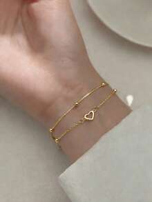 1 chiếc vòng tay hình trái tim hai lớp, kiểu dáng ngọt ngào và thanh lịch, món quà hoàn hảo dành cho phụ nữ, bé gái, bạn gái, nhân dịp sinh nhật/kỷ niệm. - Vòng tay hạt vàng hai lớp - Xem 2