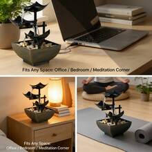 LUMIARTISAN USB Desktop Waterfall Fountain With LED Lights - 3-Tier Indoor Water Fountain With Natural River Rocks,Or For Home Office Bedroom Meditation.Table Décor,Living Room Deccor ,Home Deccor. - 黑色和棕色底座 - 查看 7