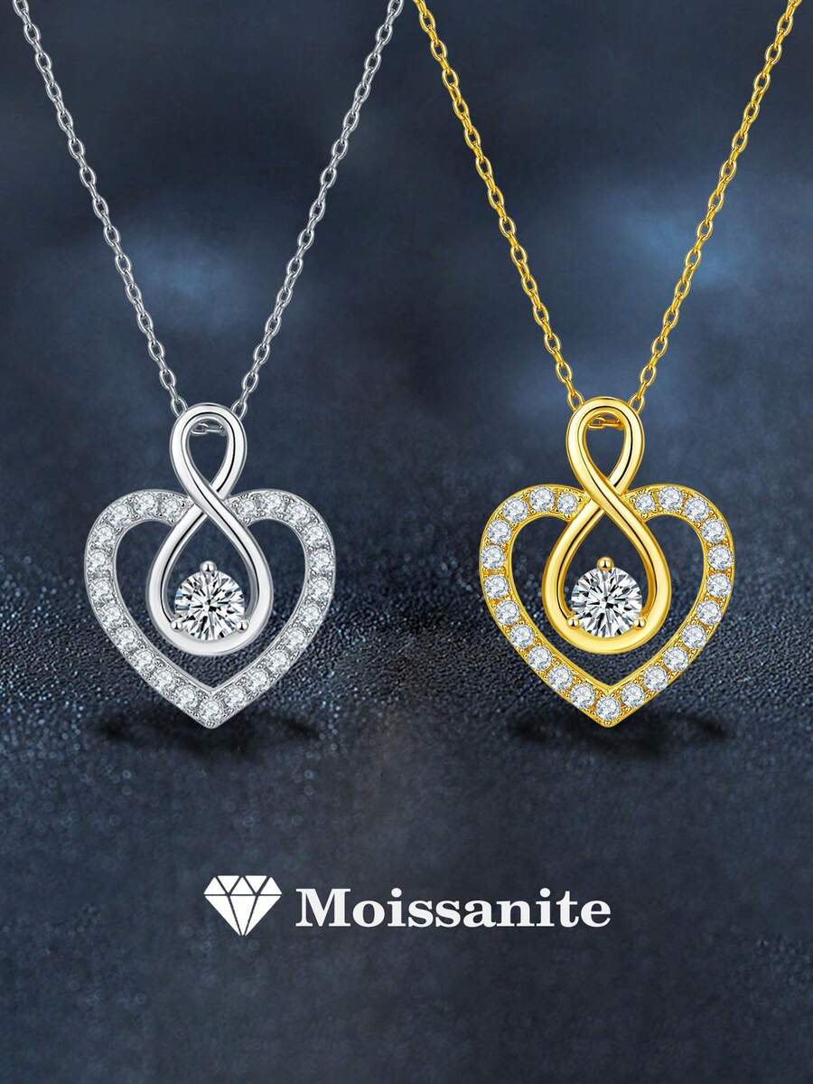 1pc Elegant Luxury 925 Sterling Silver 0.5ct 5.0mm Moissanite Heart Pendant Necklace, Suitable For Women's Daily Wear, Parties, Weddings, Anniversaries, Mother's Day, Valentine's Day - XL0141M - 查看 1