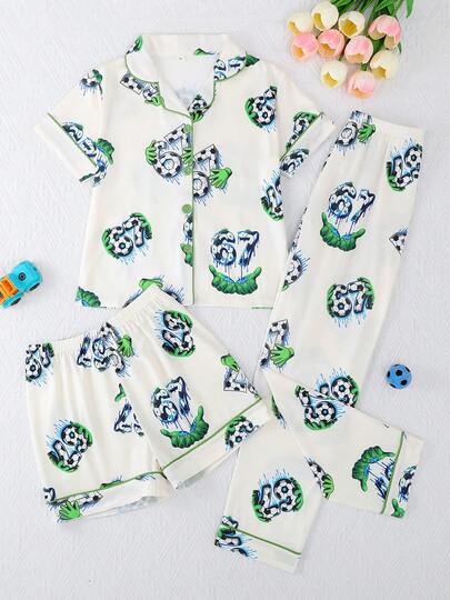 3件套女童休闲“67”数字及足球图案印花Polo领开衫、短裤及长裤睡衣套装，阻燃面料，四季皆宜