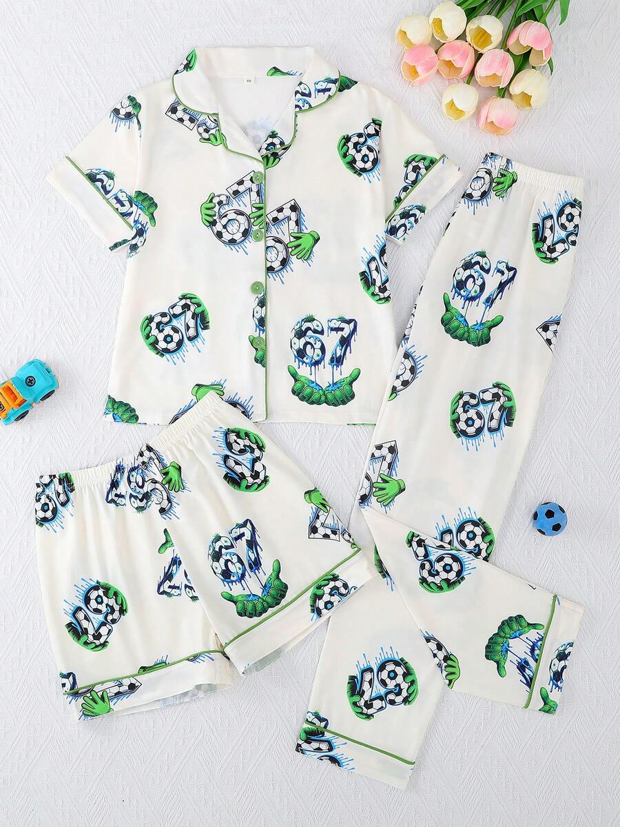 3pcs/Set Girls' Casual "67" Number & Football Graphic Print Polo Collar Cardigan, Shorts & Pants Sleepwear Set, Flame Retardant, All Season - Apricot - View 1