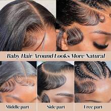 直发高清透明蕾丝前假发，真人发丝，13x4，无需胶水，巴西原生发际线，200%密度，预先拔毛，带婴儿发，黑色，24英寸 - Natural Black - 查看 5