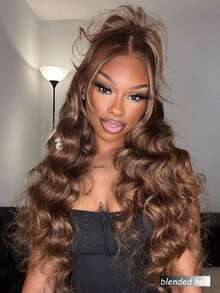 180%密度免胶佩戴假发，真人混纺发丝，预先拔毛、预先剪裁，波浪卷蕾丝前假发，13x4高清蕾丝前假发，真人混纺发丝，适用于免胶假发，180%密度，10-36英寸，棕色 - 棕色 - 查看 2