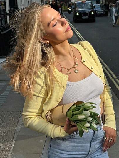 Cárdigan de unicolor para mujer, abotonado, con manga larga ajustada, adecuado para usar en primavera/verano, Día de San Valentín, vacaciones y uso diario
