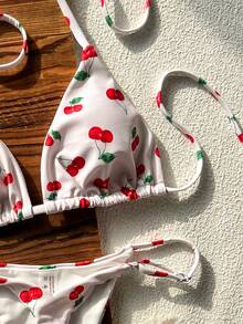 女士夏季度假泳装系列，甜美少女奶油白樱桃印花挂脖三角比基尼，金属扣带高腰三角泳裤两件套，性感修身收腹，甜美少女风比基尼套装，时尚泳衣，适合海滩度假和拍照 - 彩色 - 查看 4