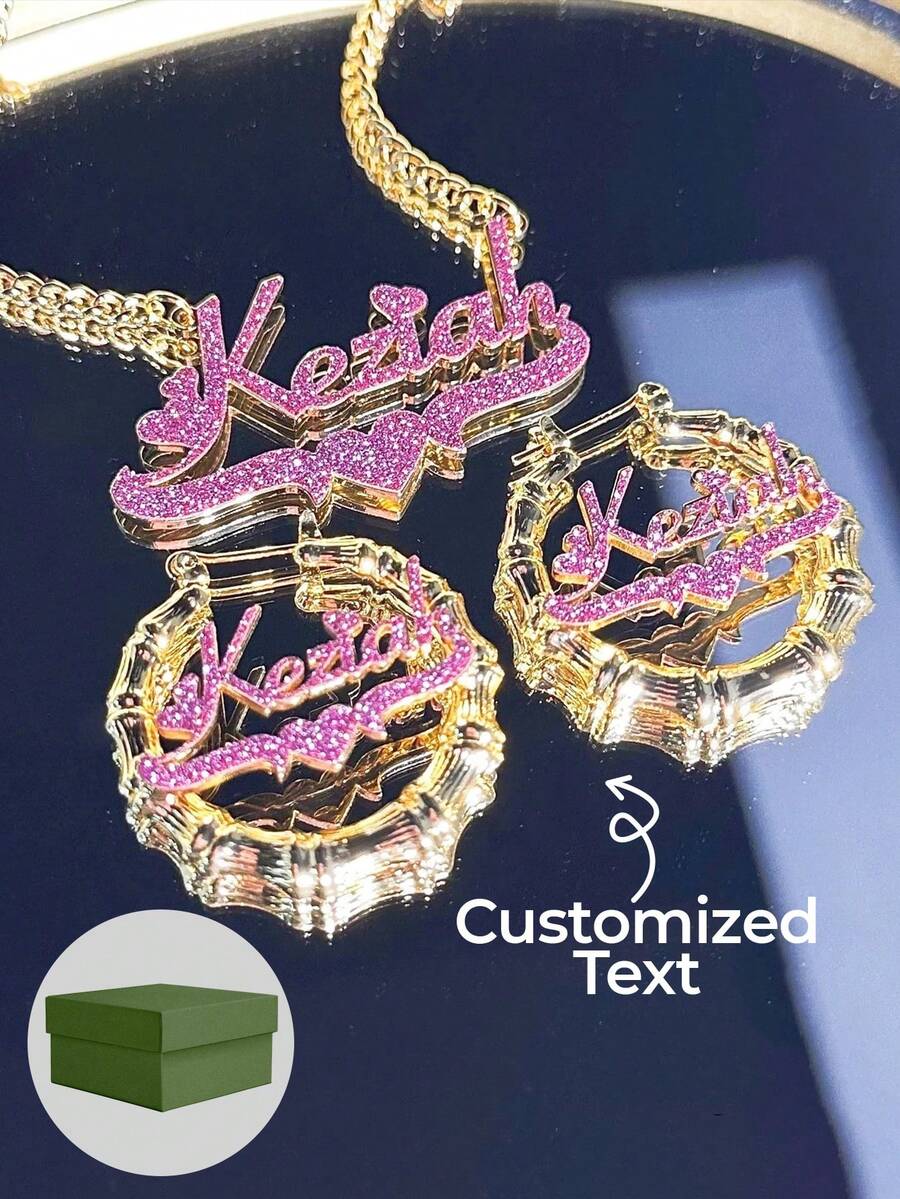 1 Set Bling Name Earrings Necklace: Custom Bamboo Hoops, Personalized Jewelry Set,5cm Earring Necklace Set, Sandblasted Style, Stainless Steel Custom Jewelry, Including Gift Box, As Valentine's Day, Pink Sandblasted - Sand Press Model - 1 - View 1
