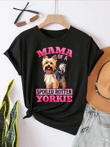 Mama Of A Spoiled Rotten Yorkie Graphic T-Shirt For Women, Oversized Crewneck Tees Casual Wear, Spring Cotton Tops Short Sleeve, Summer Basic Tees, Funny Clothes For Women - màu đen - Xem 2