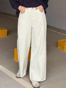 DAZY Solid Color Wide Leg Jeans With Slanted Pockets And Frayed Hems, Suitable For All Seasons - White - View 3