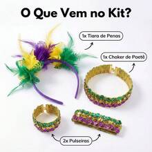 Fantasia Carnaval Tiara Com Pena Colar Choker Pulseira Acessórios Festa Temática Bloquinho Folia - Multicolorido - Visão 3