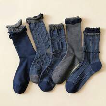 1/3/5双装女士藏蓝色复古中筒袜，经典休闲风格，适合秋冬季日常穿着，荷叶边踝袜，棉混纺透气船袜，复古条纹蕾丝图案中筒袜，适合日常穿着和办公场合。 - 彩色 - 查看 15