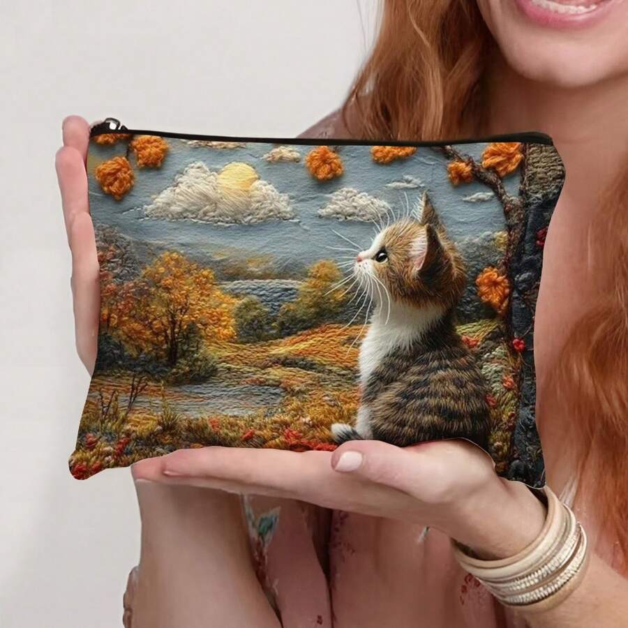 可爱猫咪图案化妆包 - 容量大，男女通用旅行收纳包，可装化妆品和洗漱用品，轻便易携，可装化妆品、洗漱用品、手机和铅笔 - 时尚多功能，完美派对礼物，化妆包，化妆品收纳包，洗漱包，旅行包 - 彩色 - 查看 1