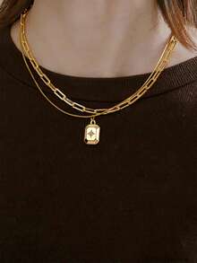 2pcs Versatile Layered Rectangular Copper Micro-Inlaid Sparkling Zirconia Necklace For Women - Yellow Gold - View 1