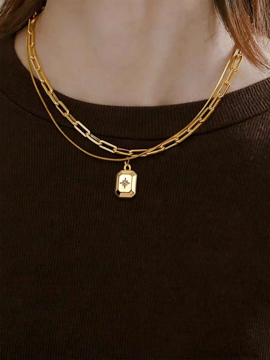 2pcs Versatile Layered Rectangular Copper Micro-Inlaid Sparkling Zirconia Necklace For Women - Yellow Gold - View 1