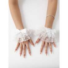 1 Pair Lolita Style Lace Ruffle Wrist Cuffs, Women's Party Dress Accessory, Fingerless Black & White Lace Wrist Sleeves Decor - 彩色 - 查看 4