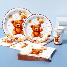 1 Set Flower & Bear Birthday Balloon Disposable Plates, Napkins, Cups, Serves 8 Guests, Suitable For Birthday, Wedding, Party, Family Picnic - Multicolor - View 3