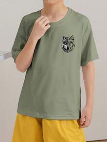 男童休闲印花圆领短袖T恤，夏季上衣 - 橄欖綠 - 查看 3