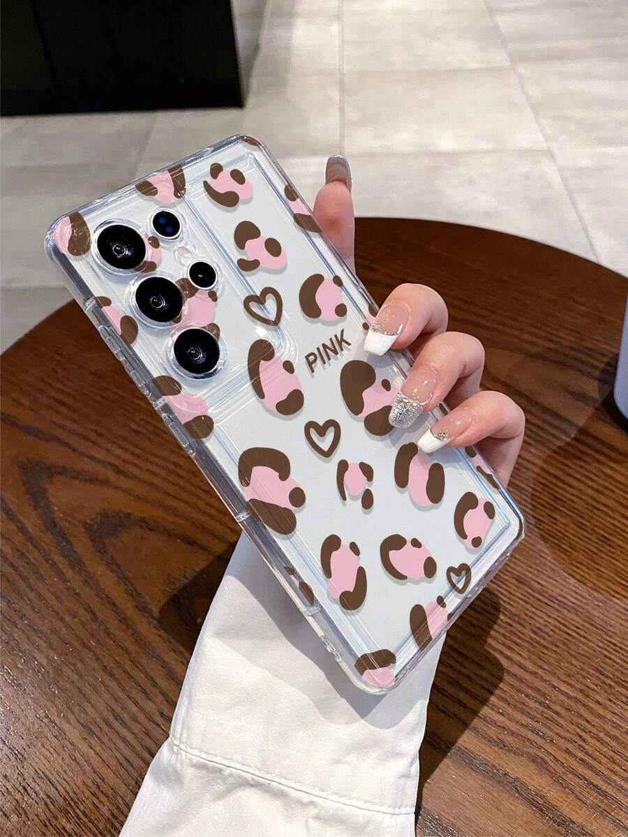 1 pieza Funda de teléfono con amortiguación de aire, transparente y con estampado de leopardo rosa, diseño de corazón y letra, a prueba de golpes, adecuada como regalo festivo, compatible con Samsung S25, S24, S23, S22, A05 y otros modelos - Multicolor - Ver 1