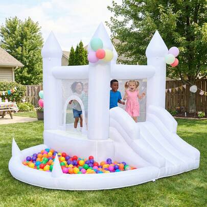 White Bounce House, Indoor And Outdoor Bouncy Castle With Ball Pool And Slide For Events, Birthday Parties,Easter Gifts