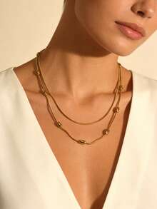 MECYLIFE 1pc Fashion Personalized Double-Layer Necklace, Oval Beads & Gold-Plated Snake Chain Necklace Suitable For Women - Gold - View 3