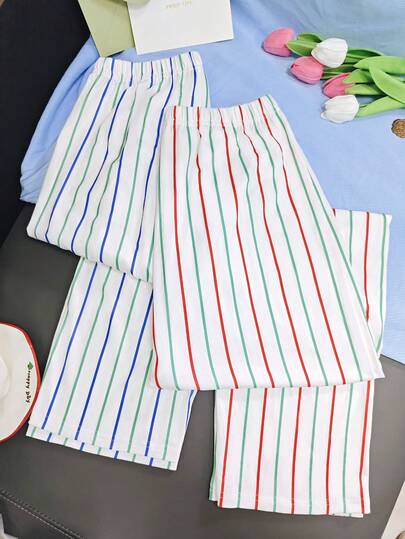 2pcs Lightweight, Soft & Comfortable Bowknot Tie Waist Striped Print Wide Leg Pants, Casual & Loungewear, Spring/Summer
