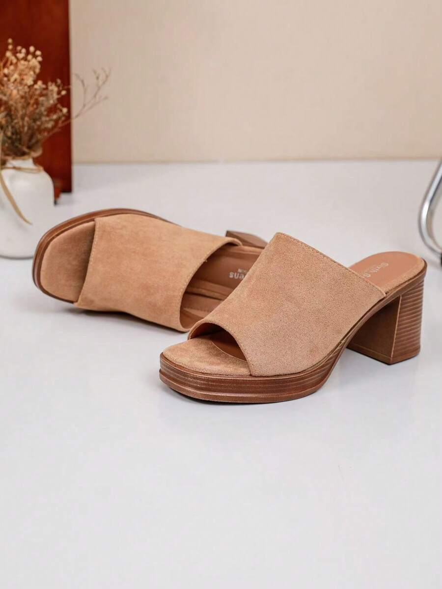 Women's Wooden Grain Insole Slippers, Summer Casual Chunky Heel Open Toe Mules, Fashion Platform Slides - Camel S272 - View 1