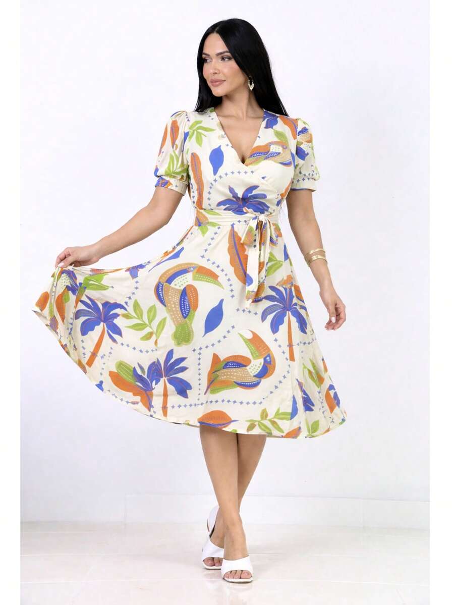 Women's Midi Dress With Short Sleeves, Knee-Length, Boat Neckline, Belt And Vibrant Print. - 熱帶米色 - 查看 1