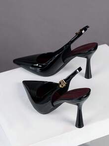女士高跟尖头时尚金属扣露跟后系带高跟鞋 - 黑色 - 查看 8