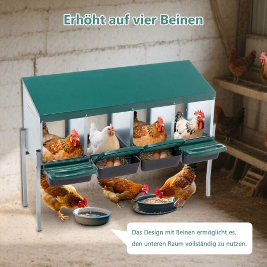 **Hühnernistkasten Mit 4 Nistfächern Und Beinen, Inkl. Abdeckung Für Den Außenbereich (Hühnerstall/Geflügelhof), Color: Grün** - Green - View 1