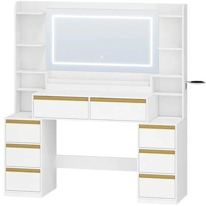 HEXCELEN Dressing Table With Mirror, Vanity Desk, Adjustable 3-Colour LED Lights, Makeup Desk With Plug, Hairdryer Holder, 8 Drawers, Open Storage Spaces, 40 * 135 * 145.2 Cm, Modern, White