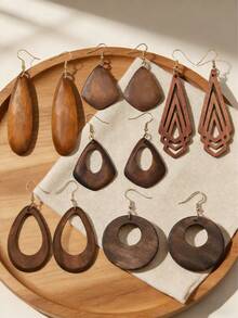 6 Pairs/Set Women's Jewelry, Lightweight Wooden Texture Mixed Pendants, European & American Classic, Suitable For Celebrations, Parties, Women's Fashion Jewelry - 6 Pairs - View 4
