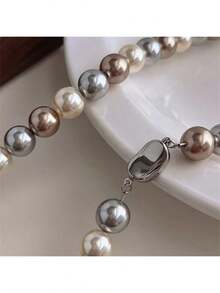 1pc Elegant Freshwater Pearl Necklace - Mixed Candy Color Luxury Women's Clavicle Chain Suitable For Daily Wear And Gifting - Grey - 查看 4