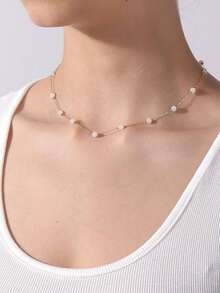 1pc Simple Fashion Cat Eye Stone Beaded Copper Chain Necklace, Suitable For Women's Daily, Date, Vacation, Nightclub Wear. The Number Of Beads May Vary Slightly, Please Refer To The Length. - Bead Chain - View 13