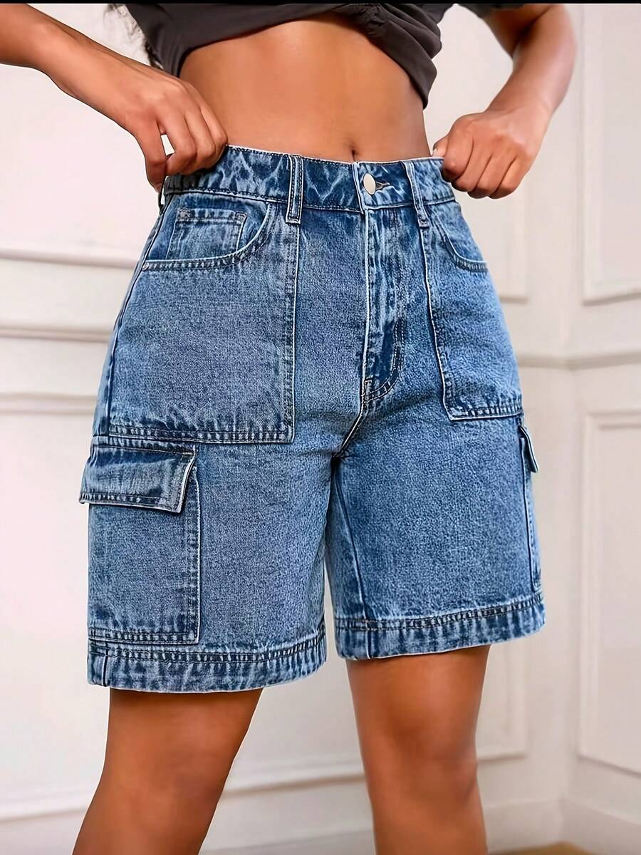 Pantalones cortos de mezclilla casuales y sueltos con diseño de bolsillo elástico de moda para mujer, para el verano - Celeste - Ver 1