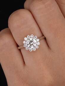 1枚花形圆形钻石戒指，S925纯银，优雅女士戒指，适合日常、约会佩戴，精致女士珠宝礼物，新年礼物，情人节礼物 - 花形戒指 - 查看 3